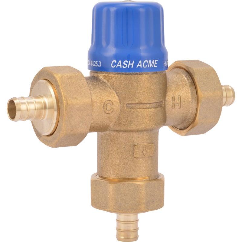 Cash Acme 1/2 Inch HG110 Crimp Thermostatic Mixing Valve with Barb Connections and Integral Checks, Brass Plumbing Fitting, 24506 - Image 1